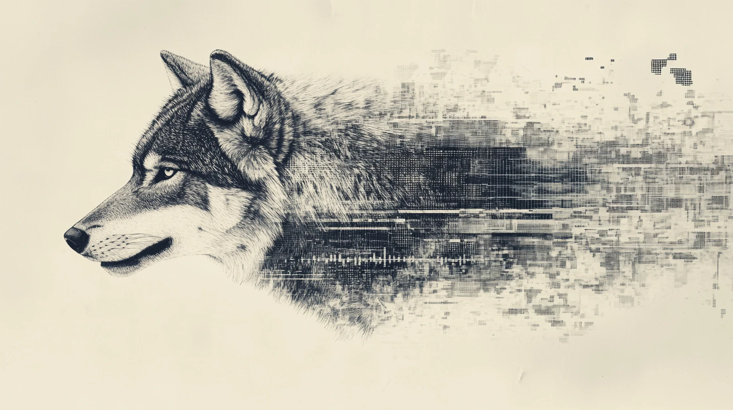 Wolf emerging from a vast landscape of flowing analytical data