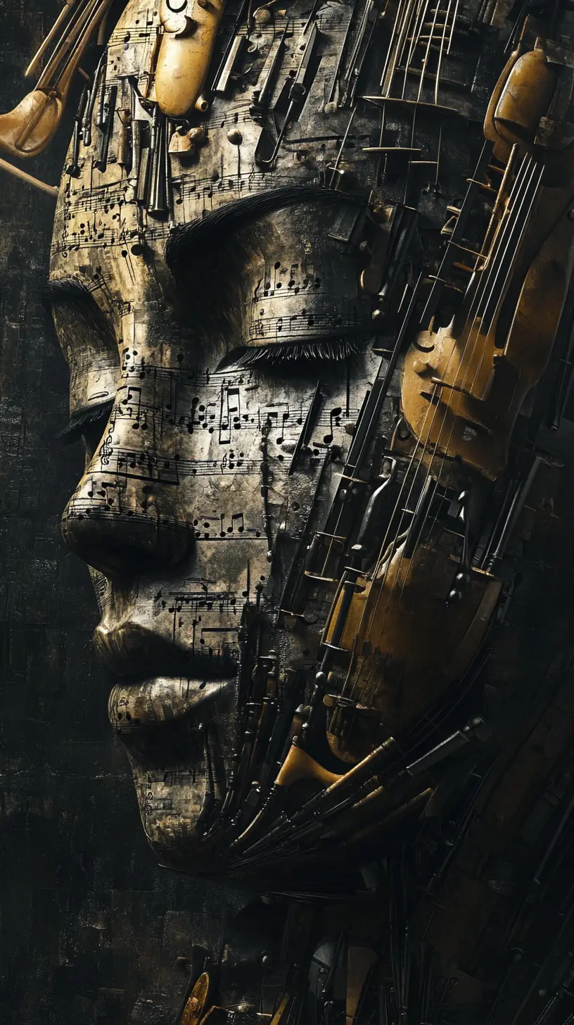 Surreal face formed from orchestral instruments and flowing keys