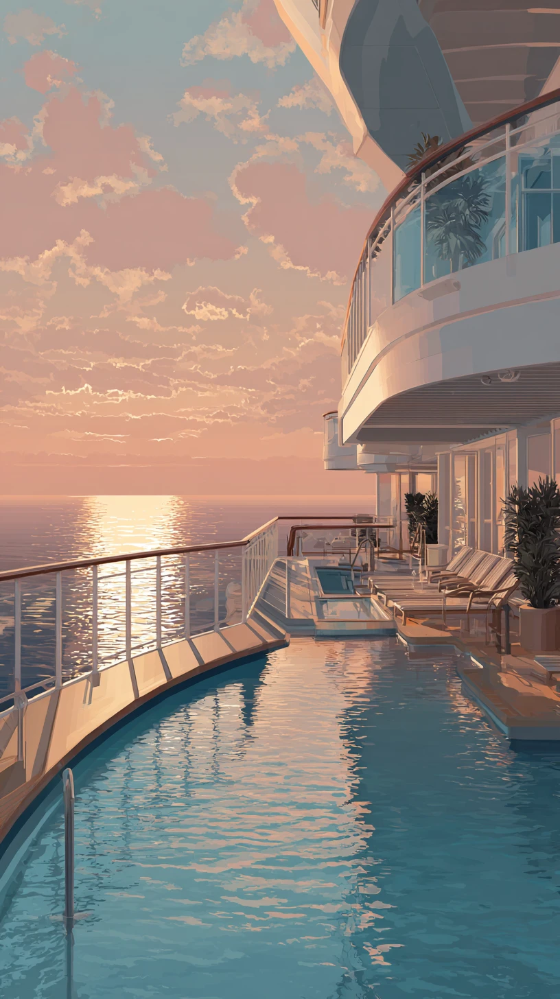 Luxury cruise ship at sea with golden sunset view