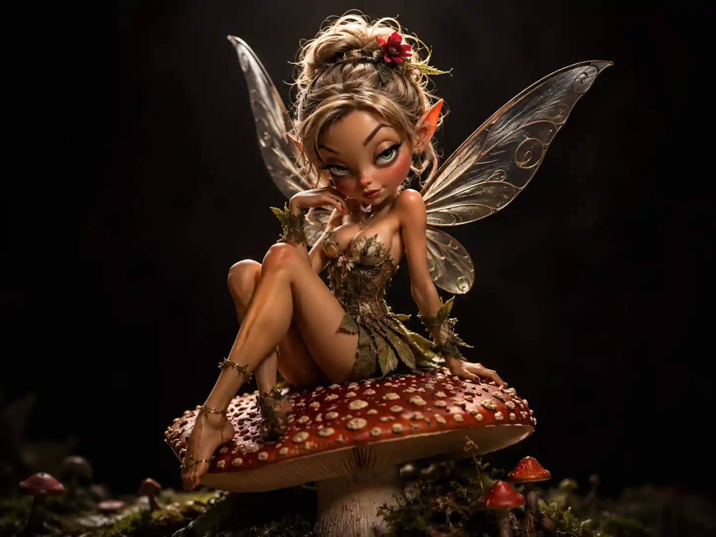 Flirty fairy posing with a toadstool under dramatic light