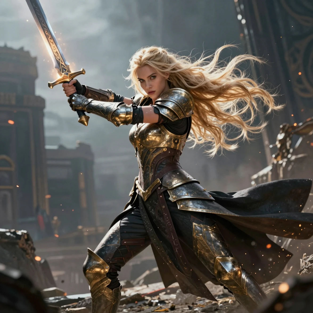 Blonde female warrior raising a glowing sword to strike