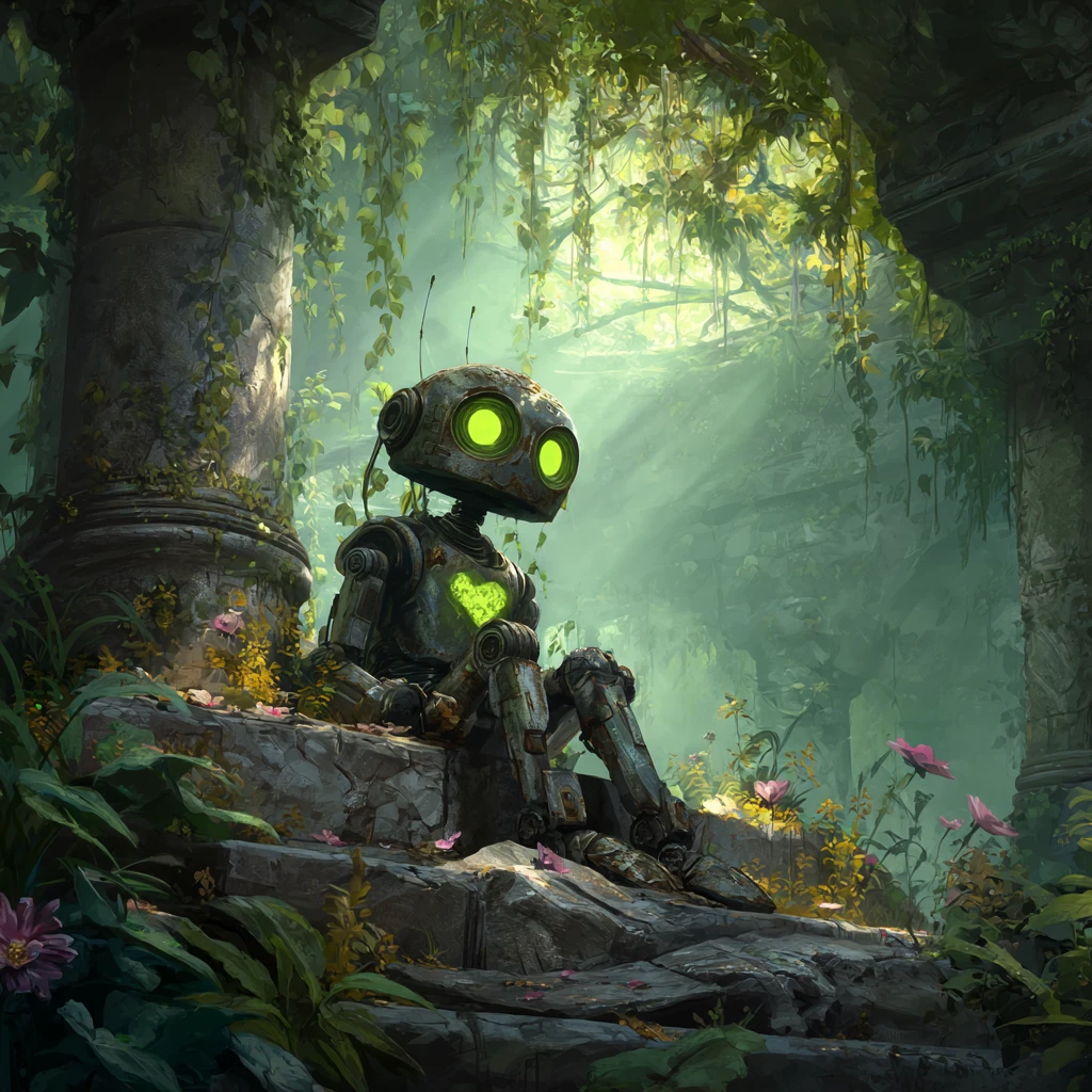 Cyborg On Stone Throne In Overgrown Fantasy Temple