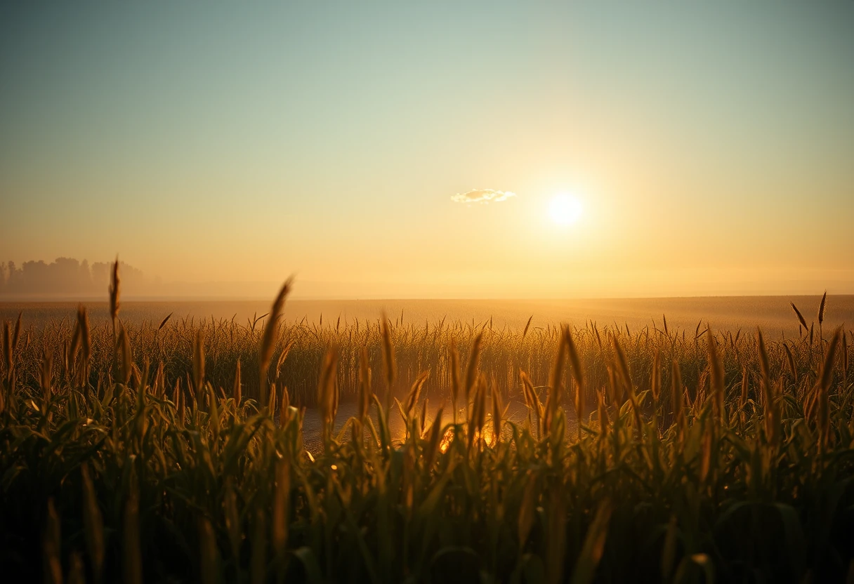 Mystical corn circle glowing in soft golden dawn light