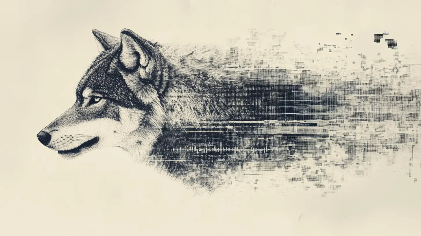 Wolf emerging from a vast landscape of flowing analytical data
