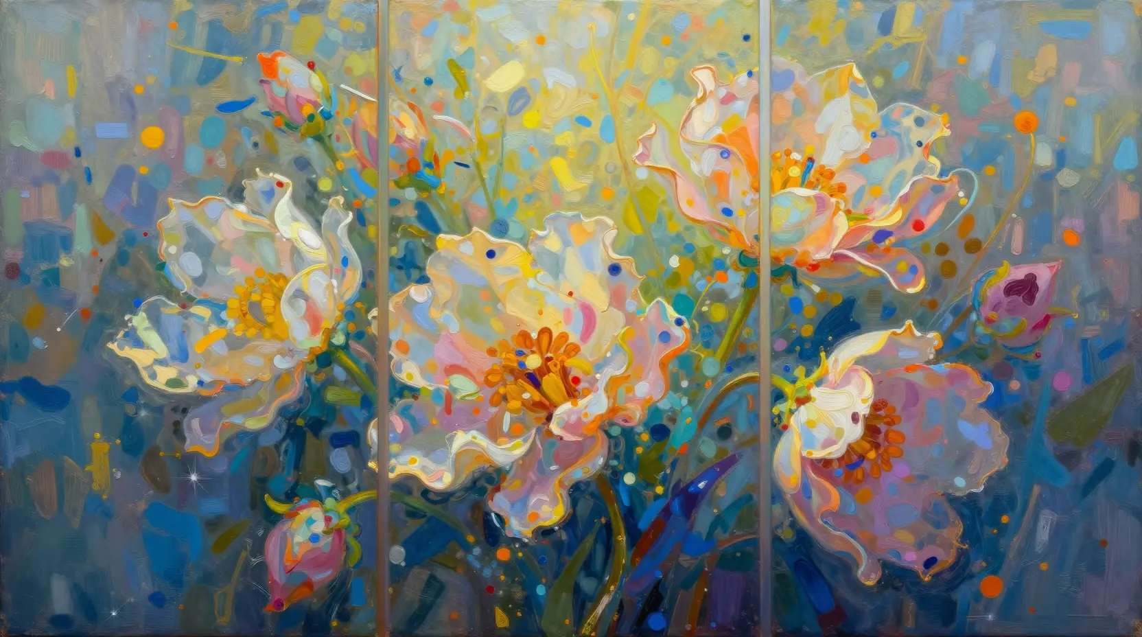 Abstract luminous flower triptych in surreal digital painting