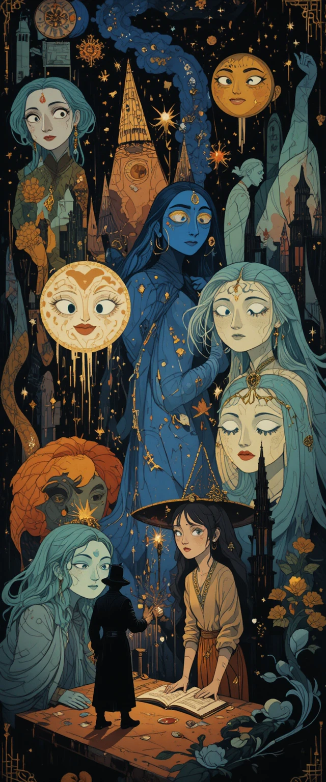 Whimsical fantasy characters in colorful retro 80s illustration