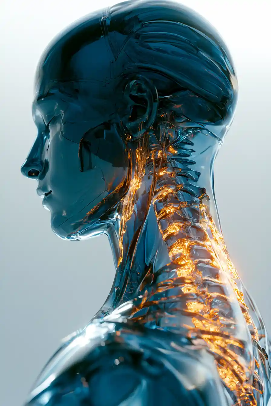 Translucent cobalt glass humanoid profile with glowing spine