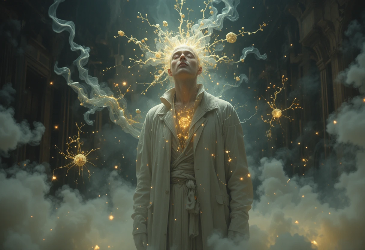 Man dissolving into drifting light in dark abstract space