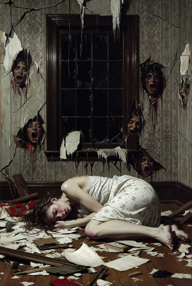 Gothic painting of a girl in a frozen gloomy room