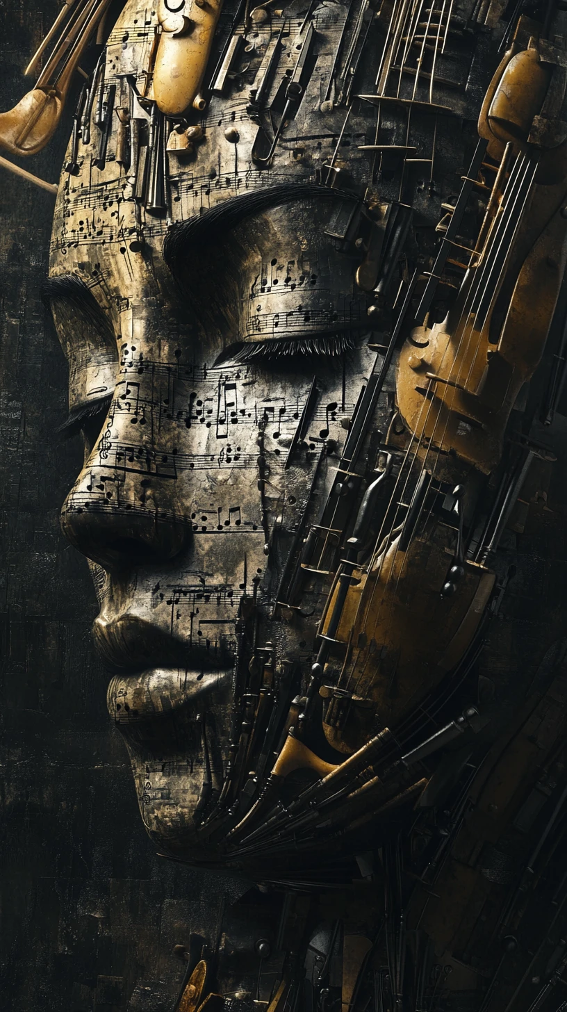 Surreal face formed from orchestral instruments and flowing keys