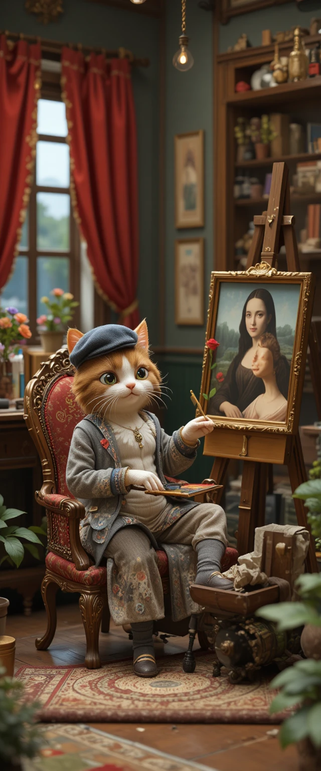 Fluffy Cat Painter Creating Mona Lisa In Cozy Studio