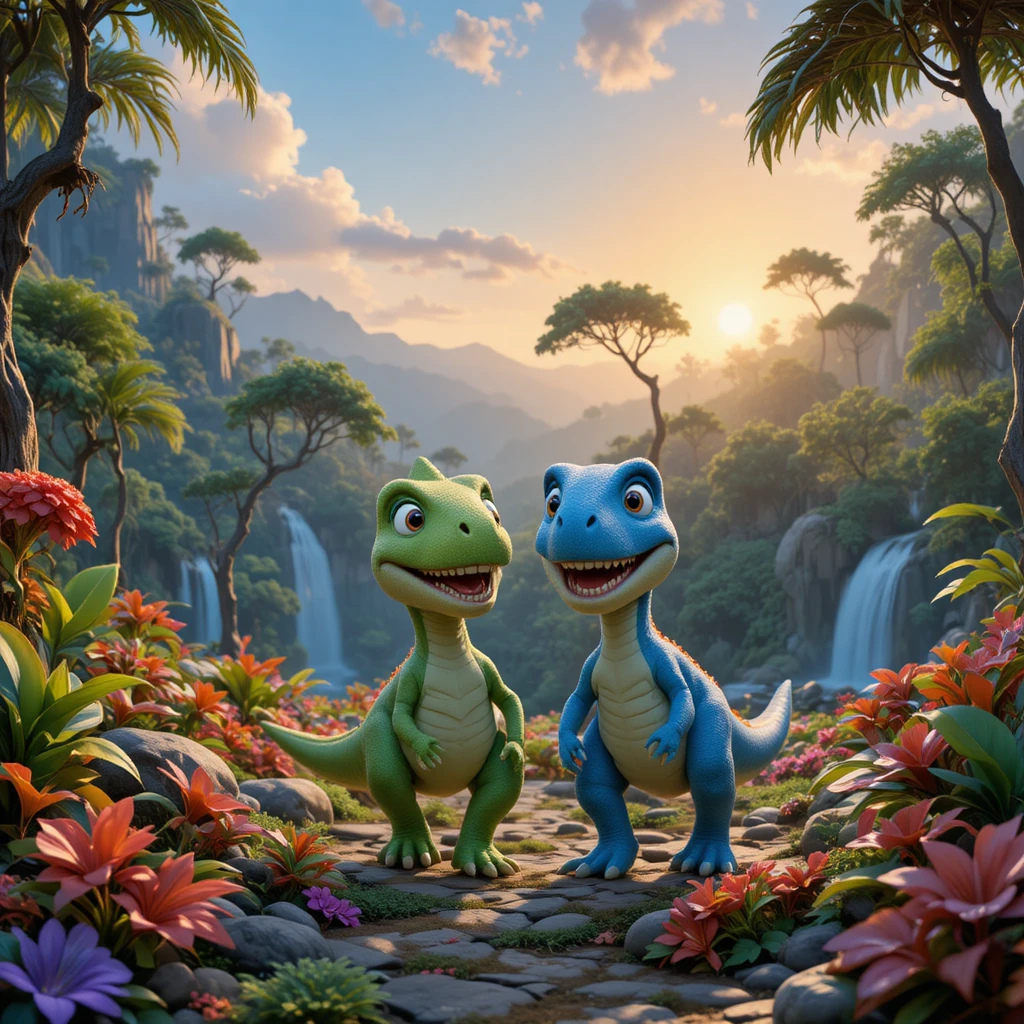 Cute dinosaurs walking in a colorful prehistoric jungle at sunrise