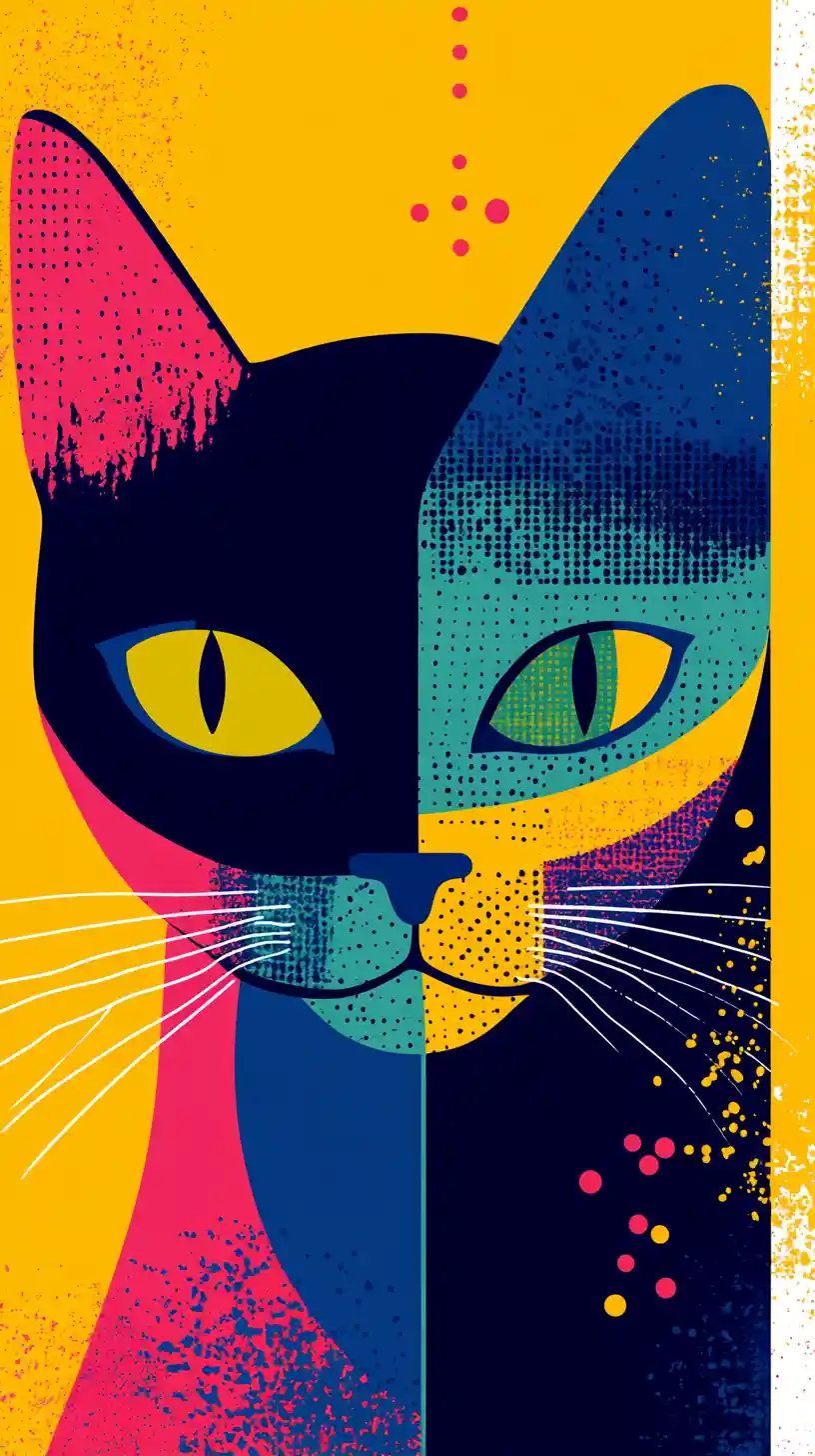 Color blocked cat portrait on bold yellow background