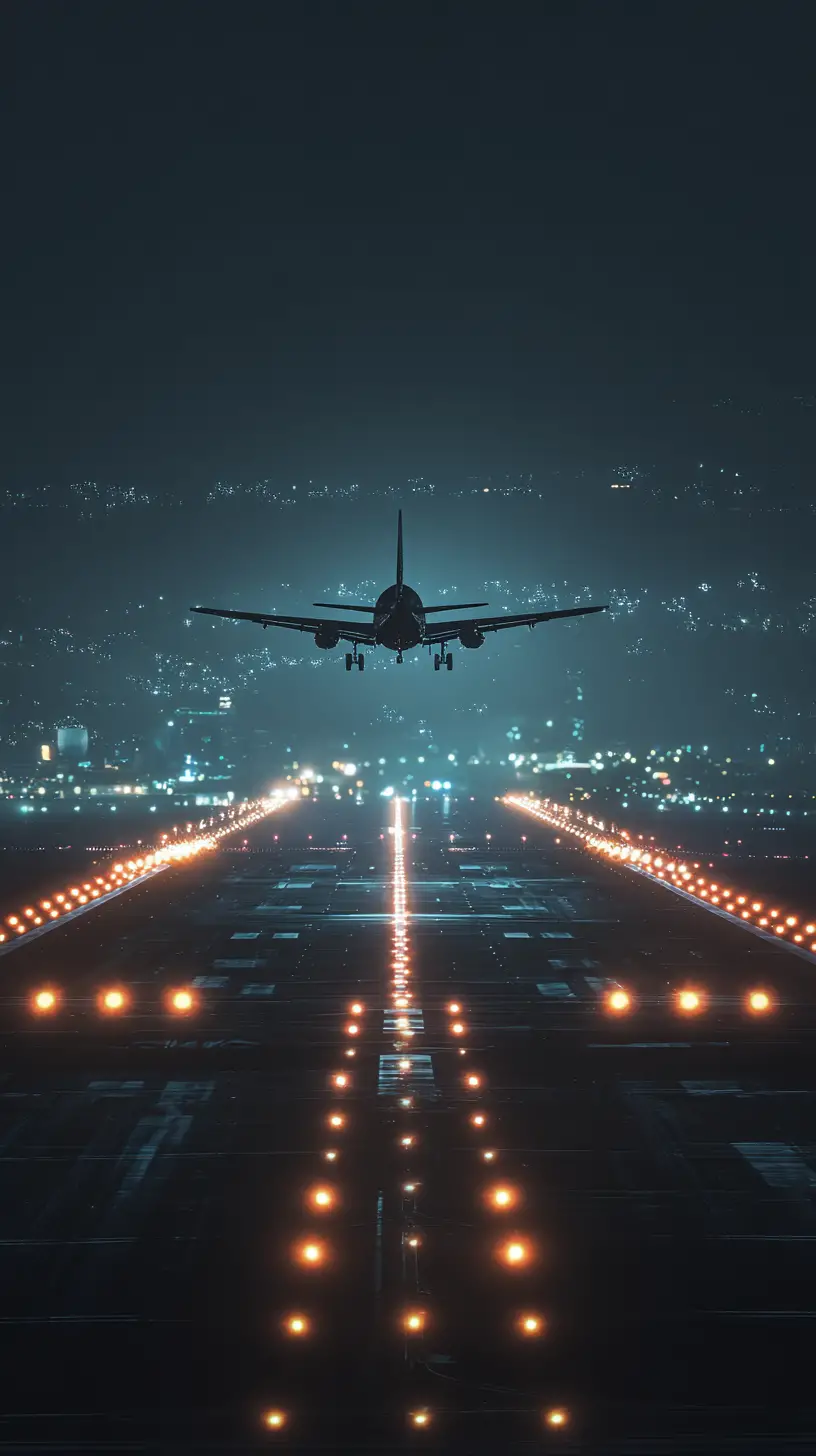 Kinematischer Jet startet über leuchtender Landebahn in der Nacht