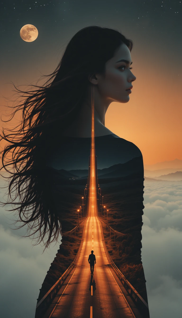 Surreal woman silhouette with highway and glowing sunset