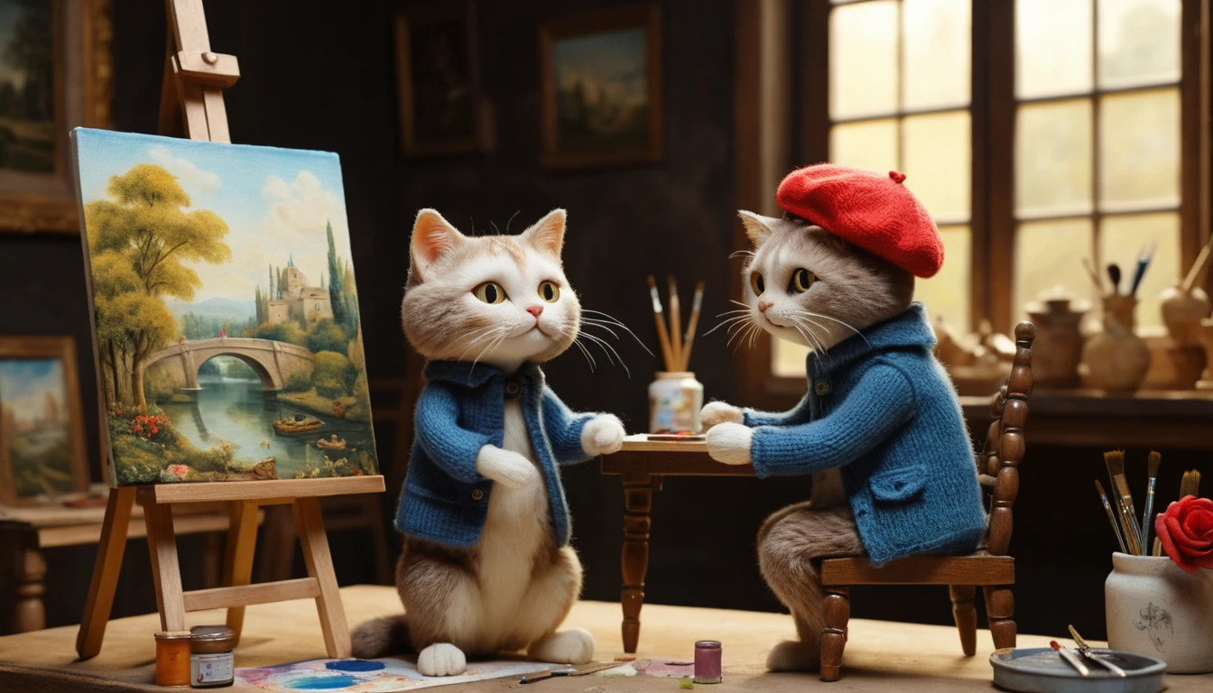Fluffy cat artist painting a feline Mona Lisa in studio