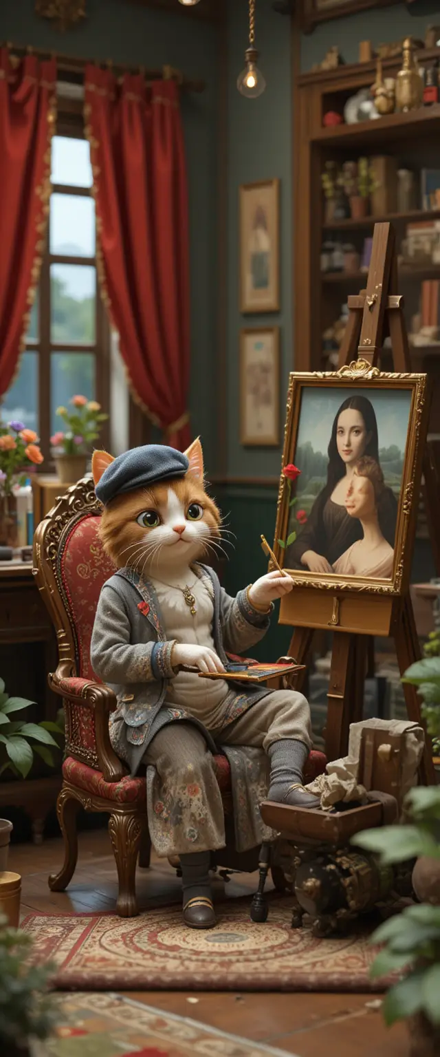 Gato pintor esponjoso creando la Mona Lisa en un estudio acogedor