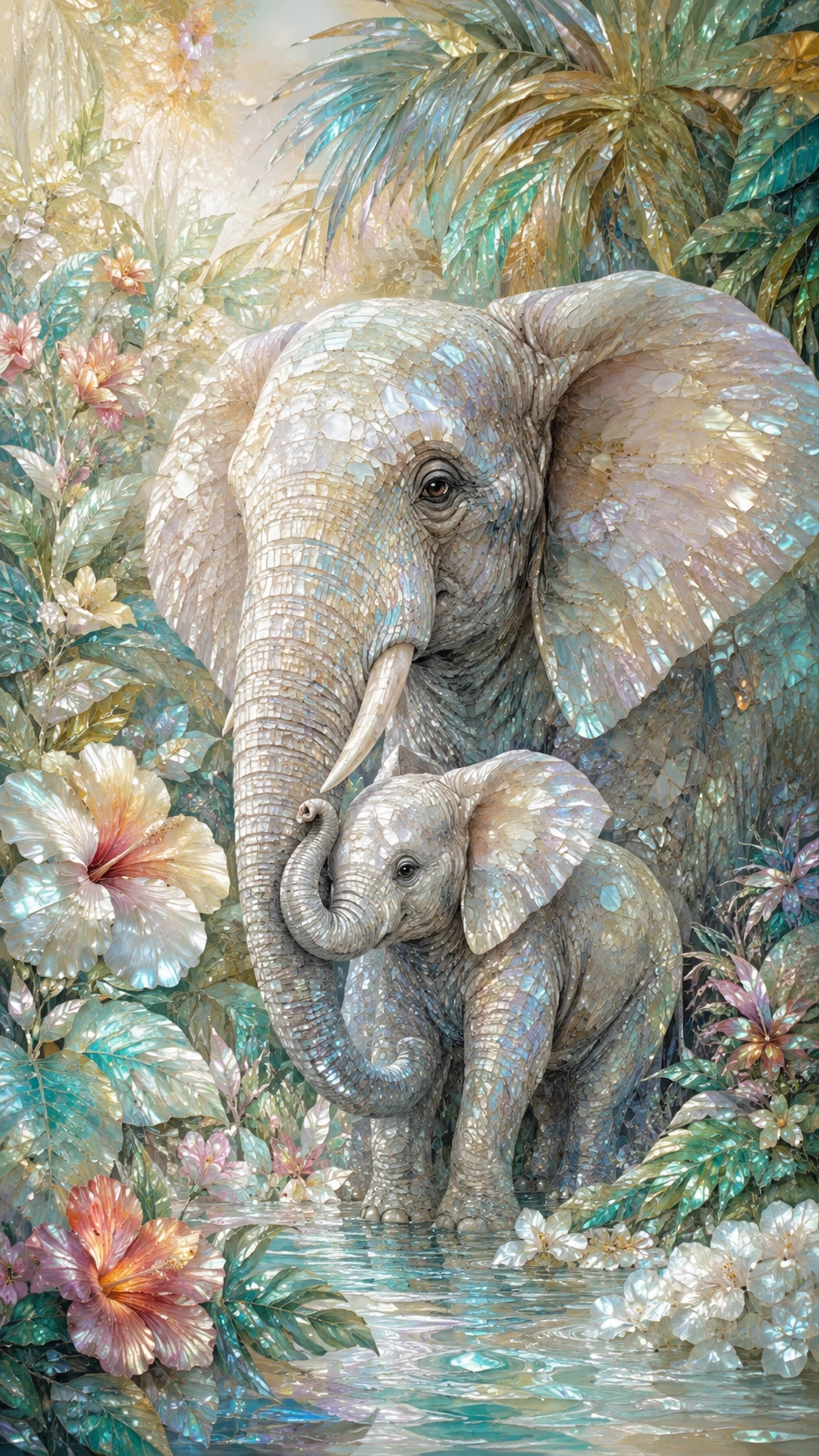 Elephant And Calf In Lush Tropical Jungle Illustration
