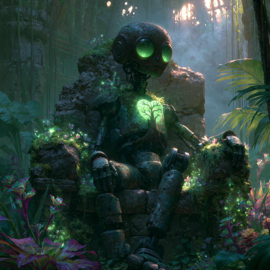 Cyborg With Glowing Heart On Throne In Overgrown Temple
