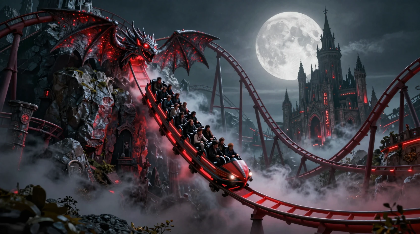 Gothic castle roller coaster diving under a full moon