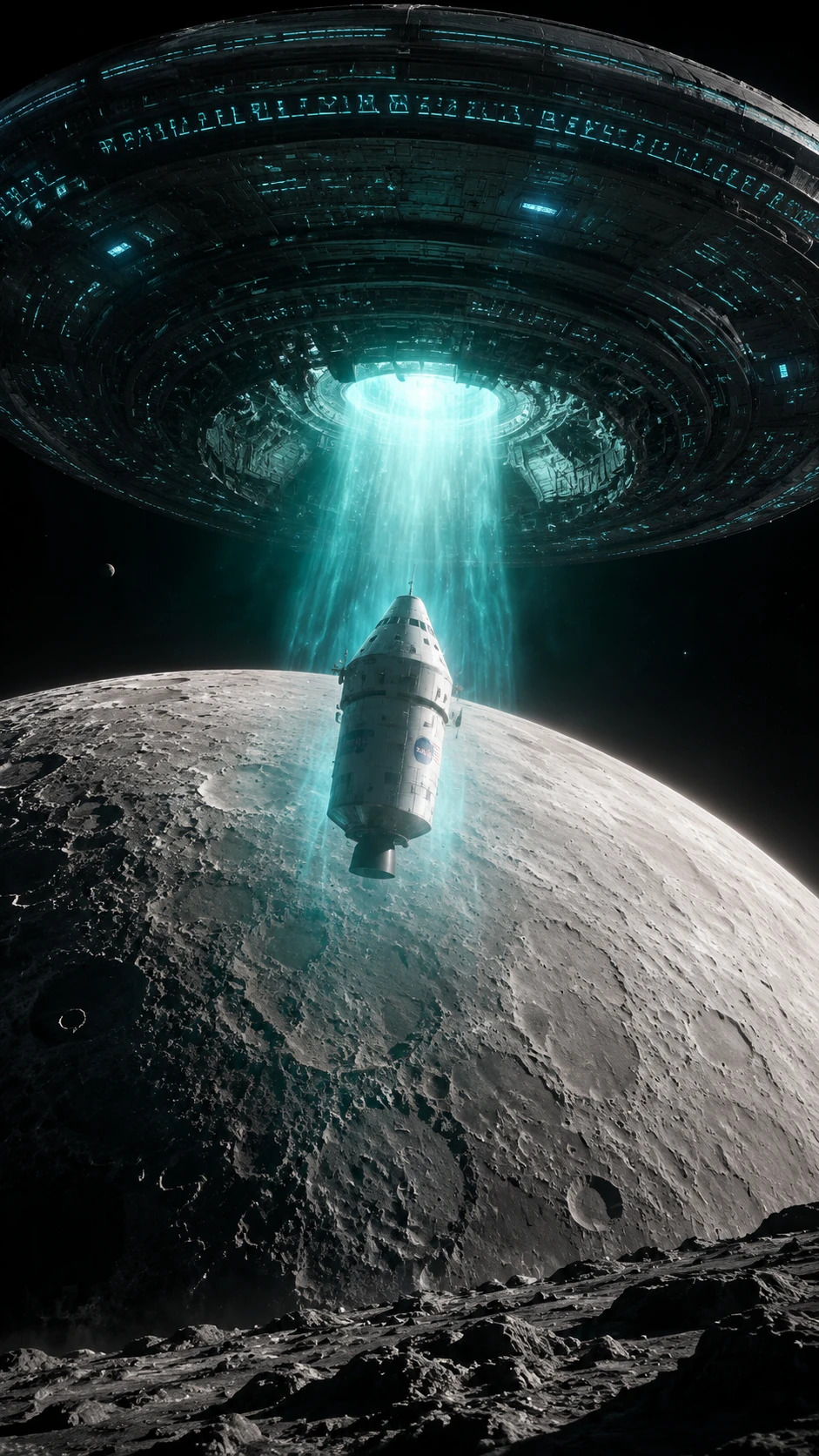 Artemis-Raumschiff von riesiger Alien-Untertasse über dem Mond erfasst