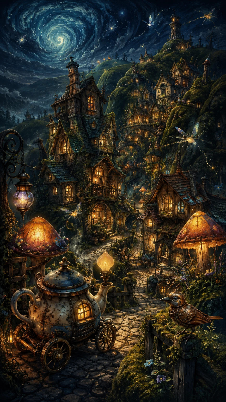 Whimsical fantasy village glowing under a moody night sky
