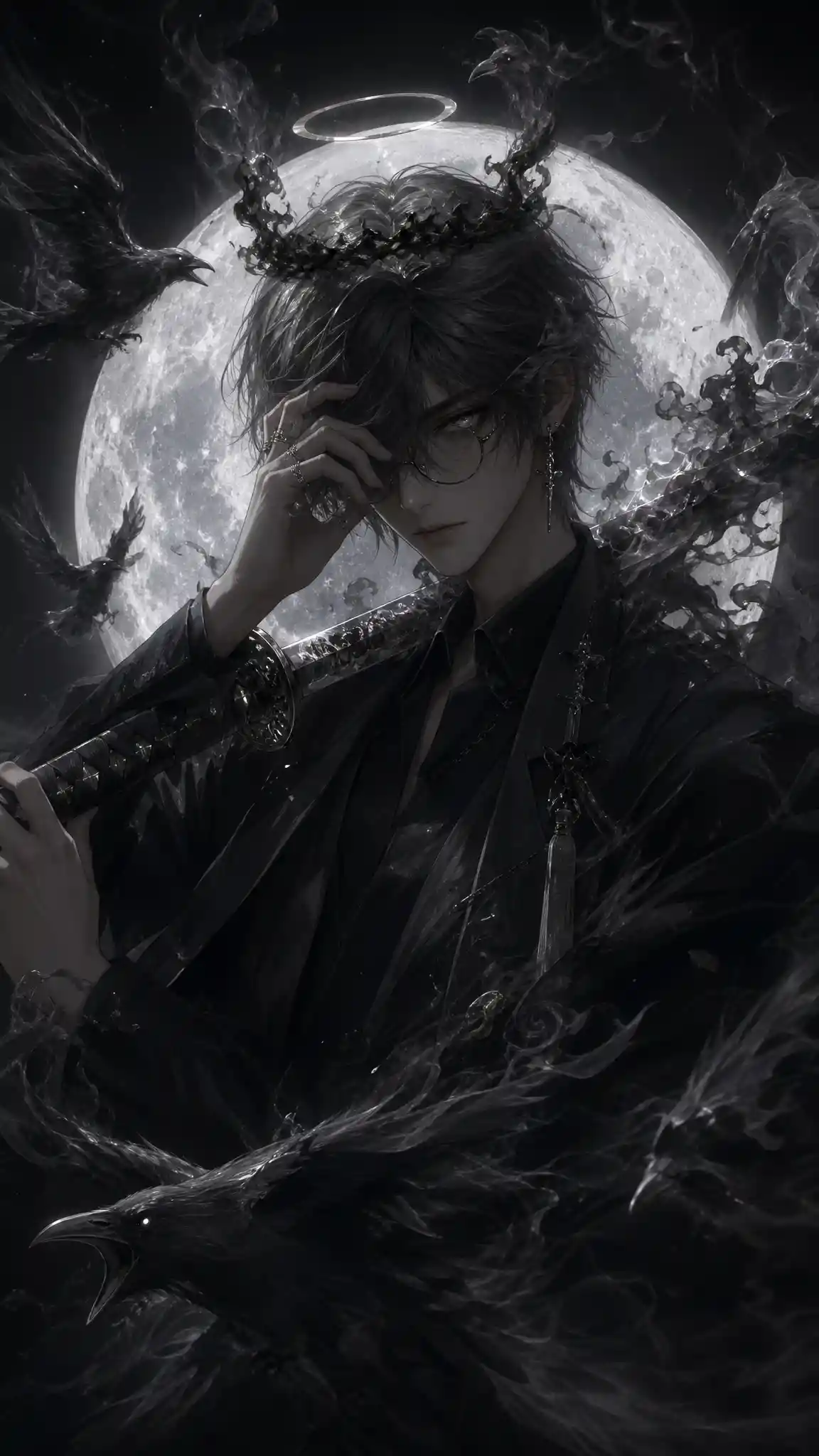 Angelic young man with halo and smoke katana