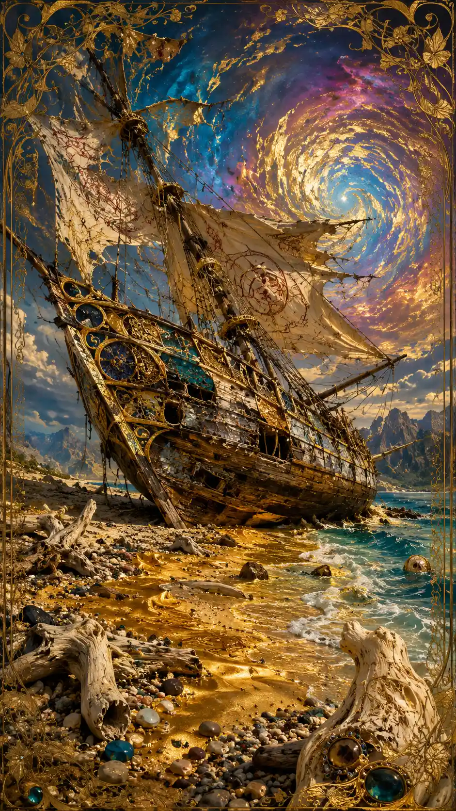 Surreal shipwrecked sailboat on a luminous dreamlike shore