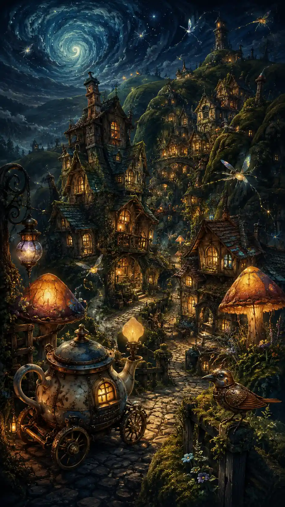 Whimsical fantasy village glowing under a moody night sky