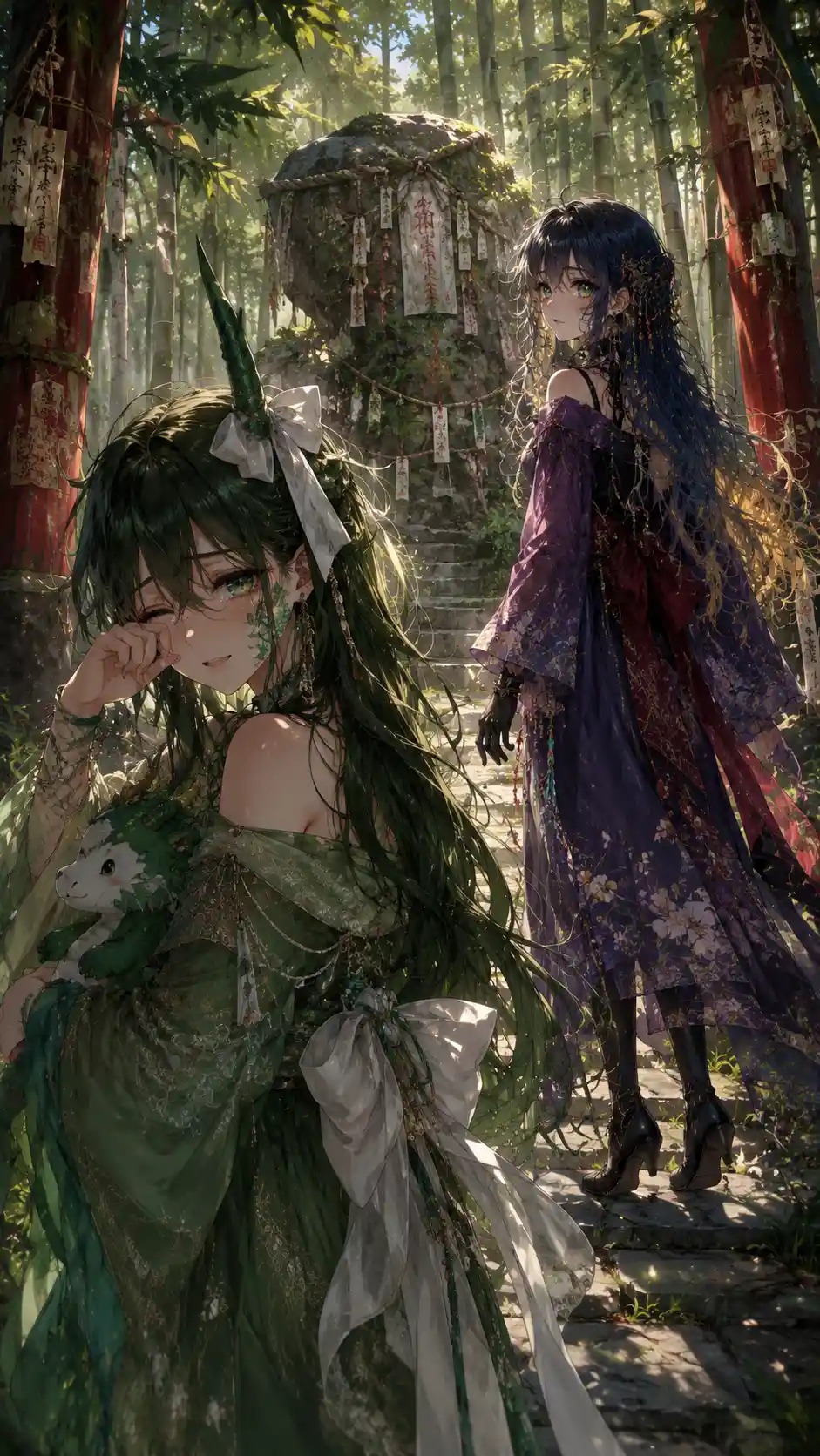 Anime girl in a bamboo forest with ritual stone path