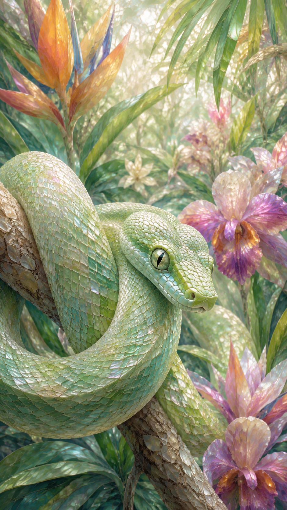 Green tree snake in a lush tropical jungle illustration