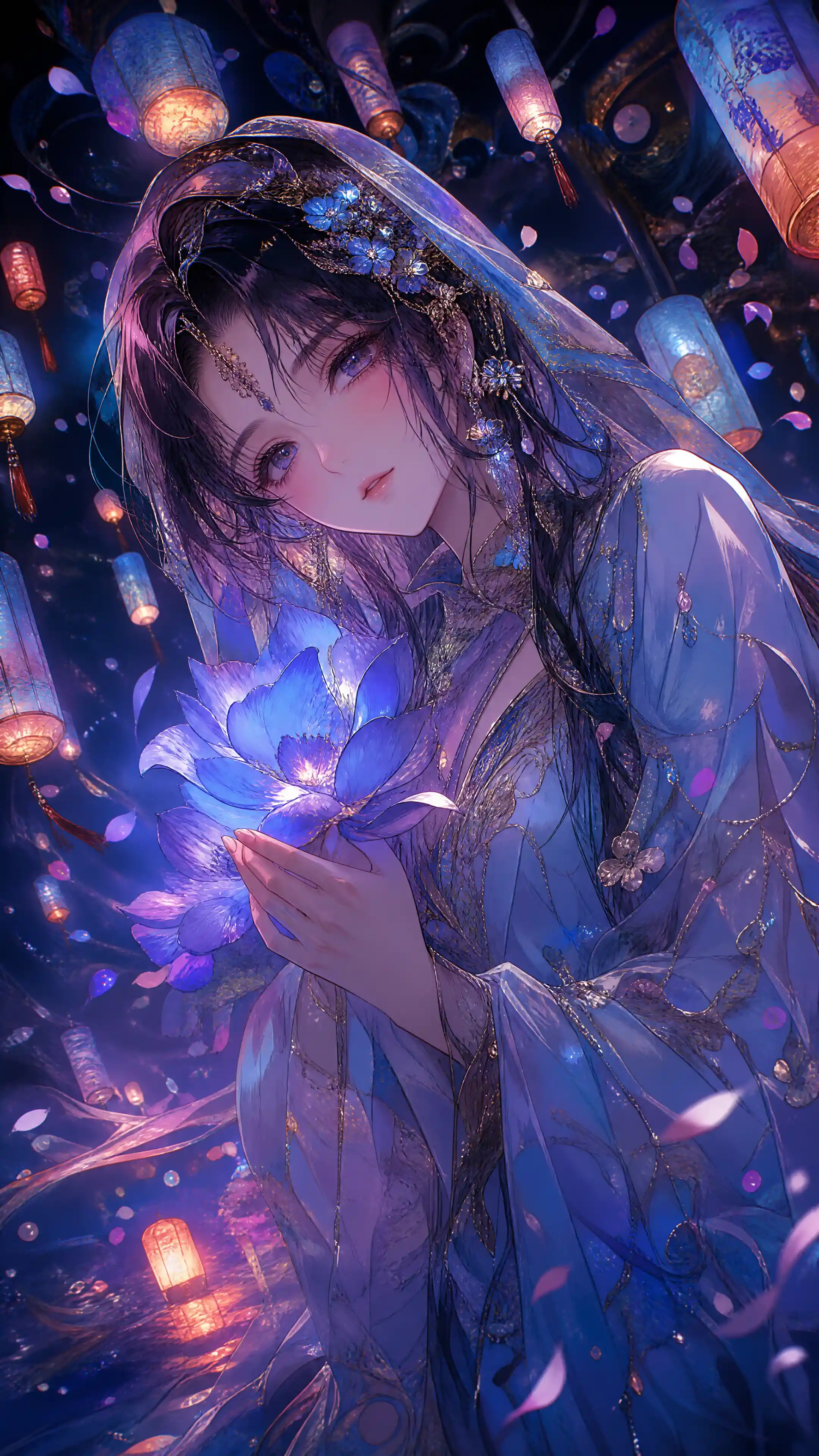 Ethereal anime girl with glowing blue flower and lanterns
