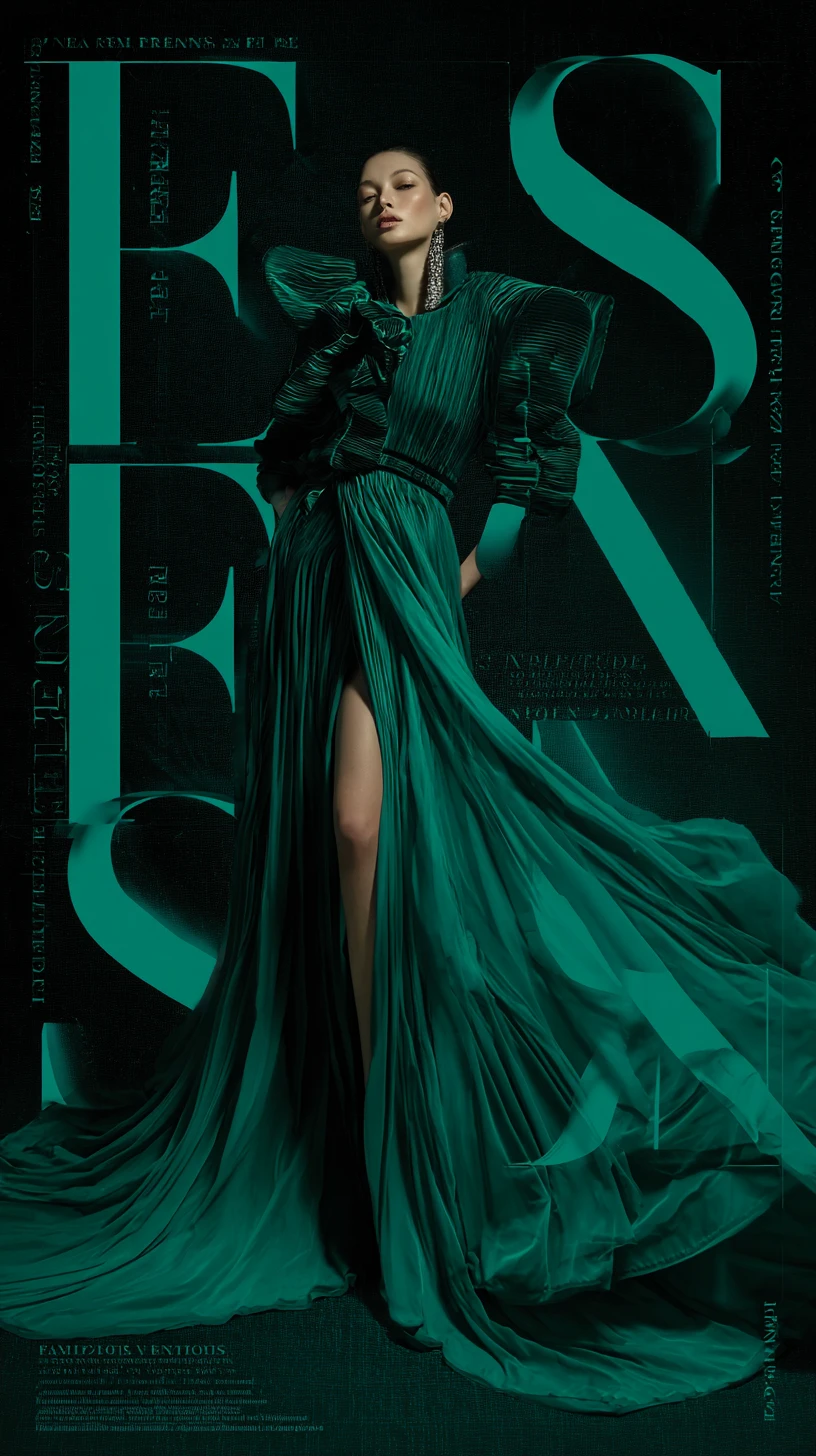 Póster editorial de moda verde esmeralda con iluminación cinematográfica