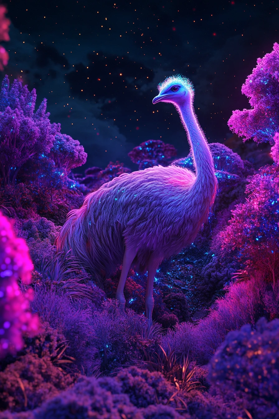Lovely ostrich in a glowing bioluminescent fantasy valley
