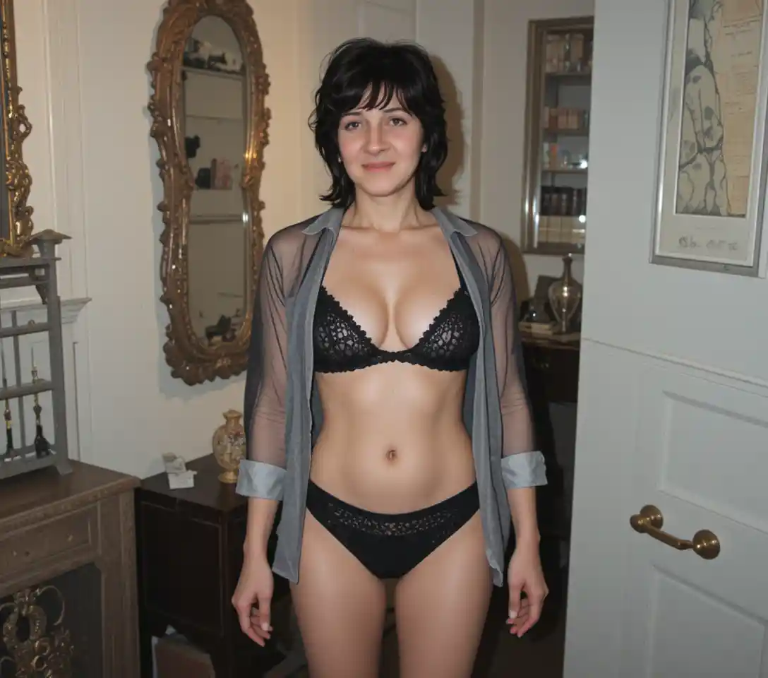 Glamorous Woman In Lace Bikini And Sheer Unbuttoned Shirt