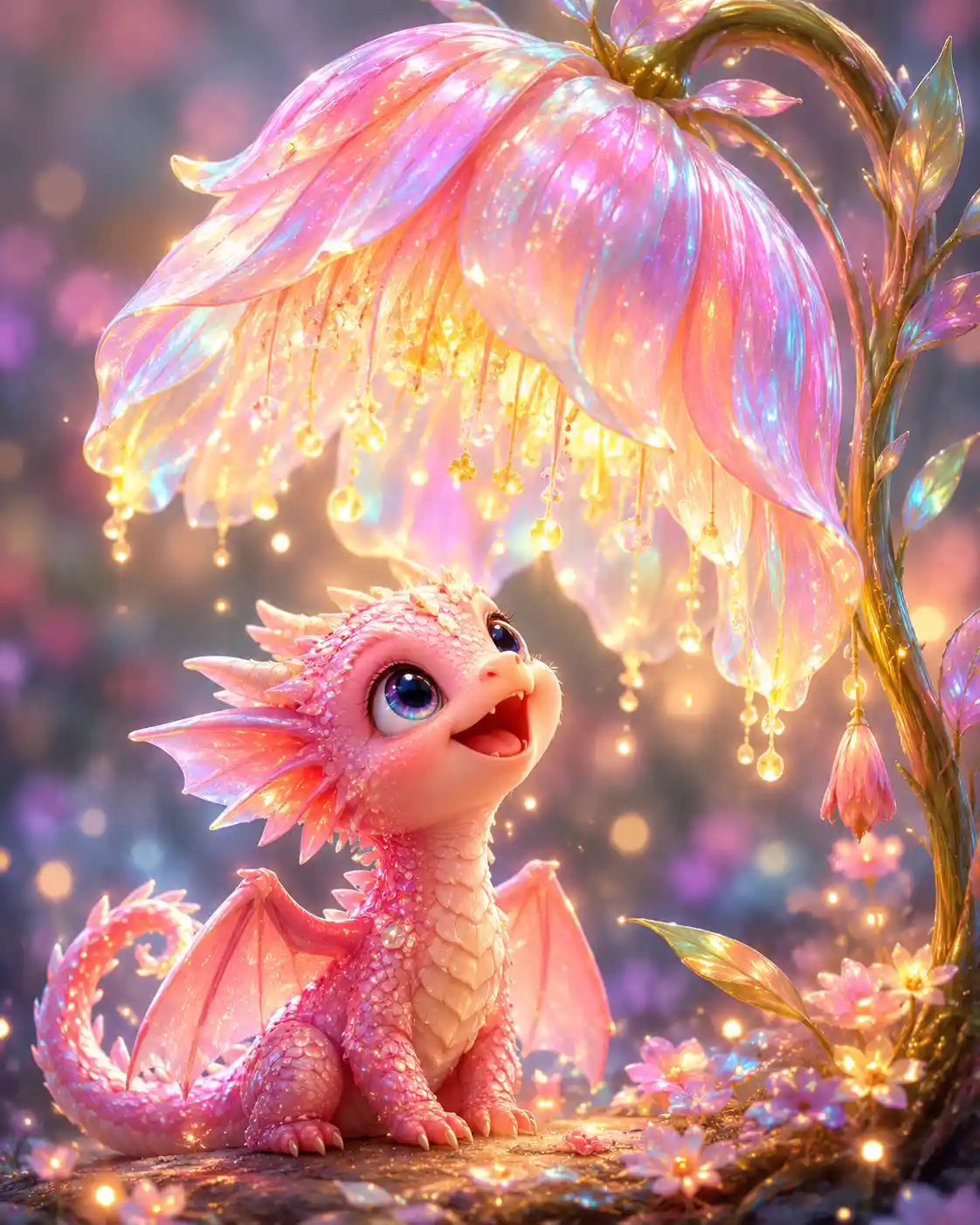 發光虹彩花下的魔法幼龍