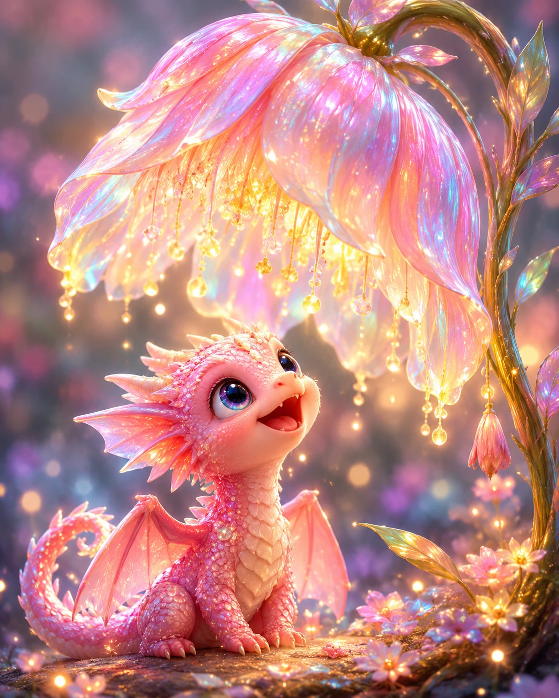 Bebé dragón encantado bajo una flor iridiscente brillante
