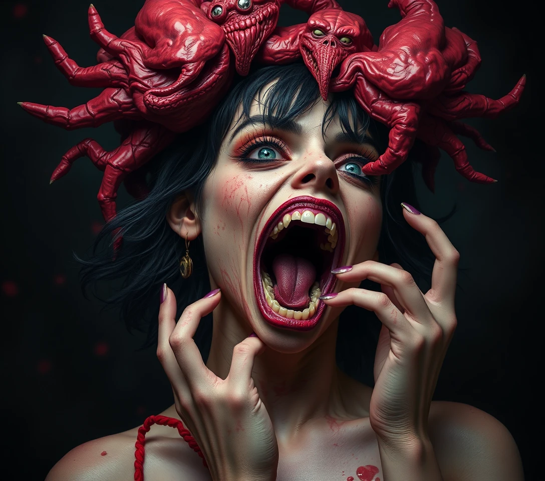 Surreal pop horror scene mixing comedy and sensual tension