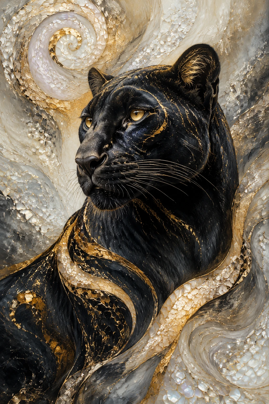 Black panther with golden accents in abstract fine art style