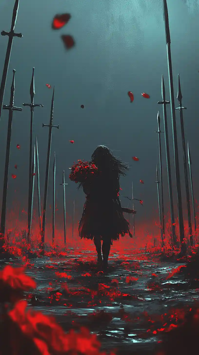 Sad girl walking through a field of transparent swords