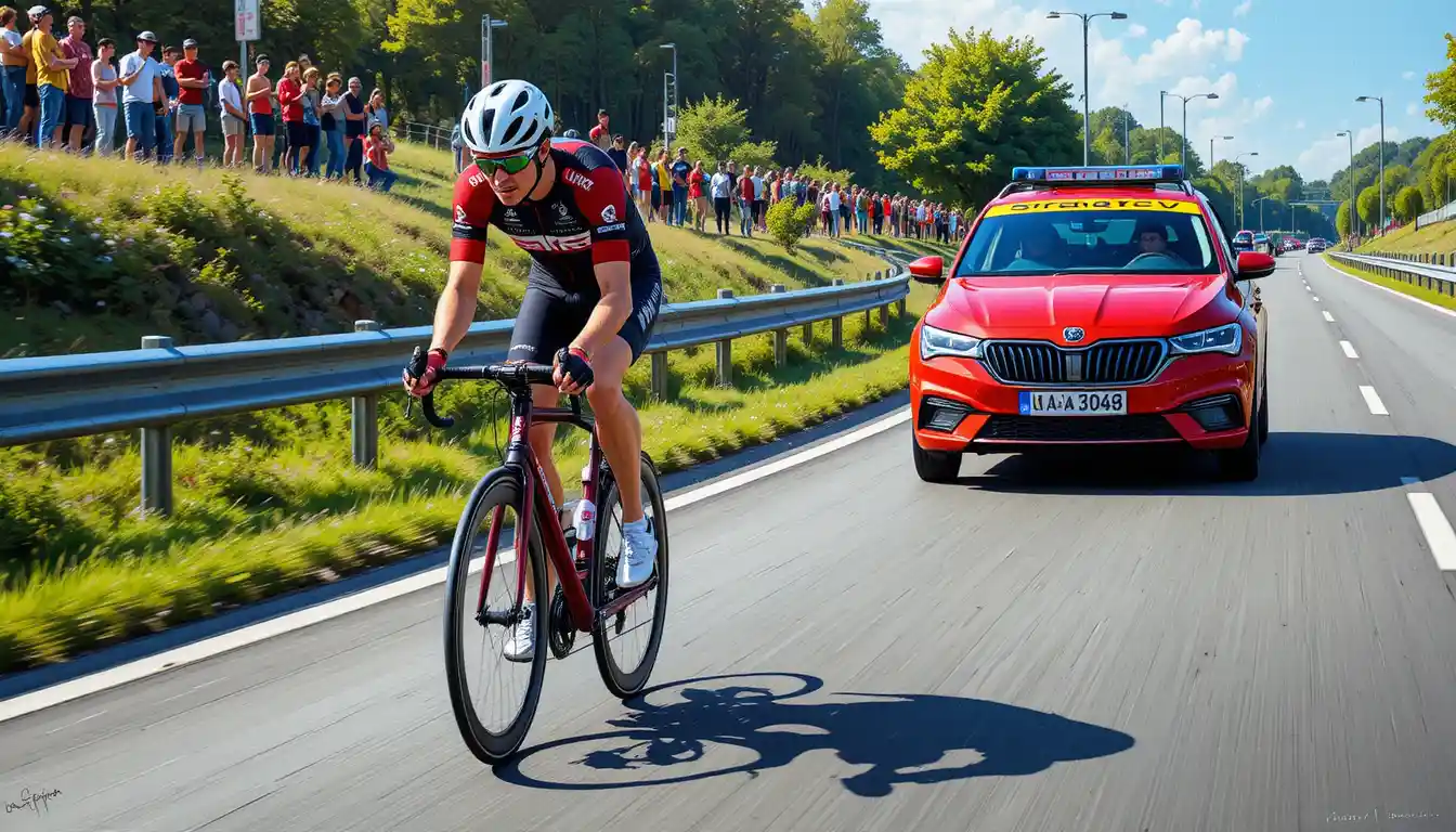 Professional cyclist racing toward camera on sunny road