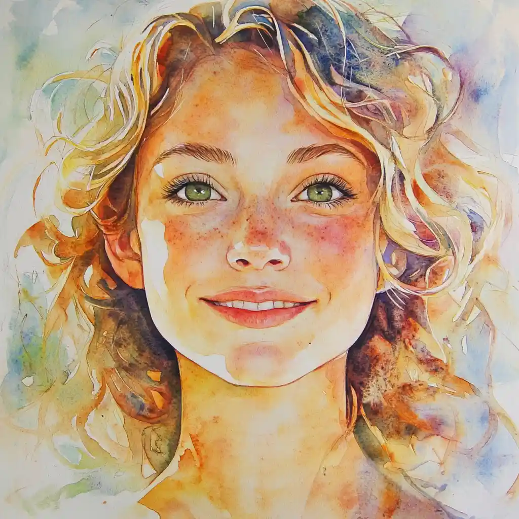 Colorful watercolor portrait of a smiling blond girl