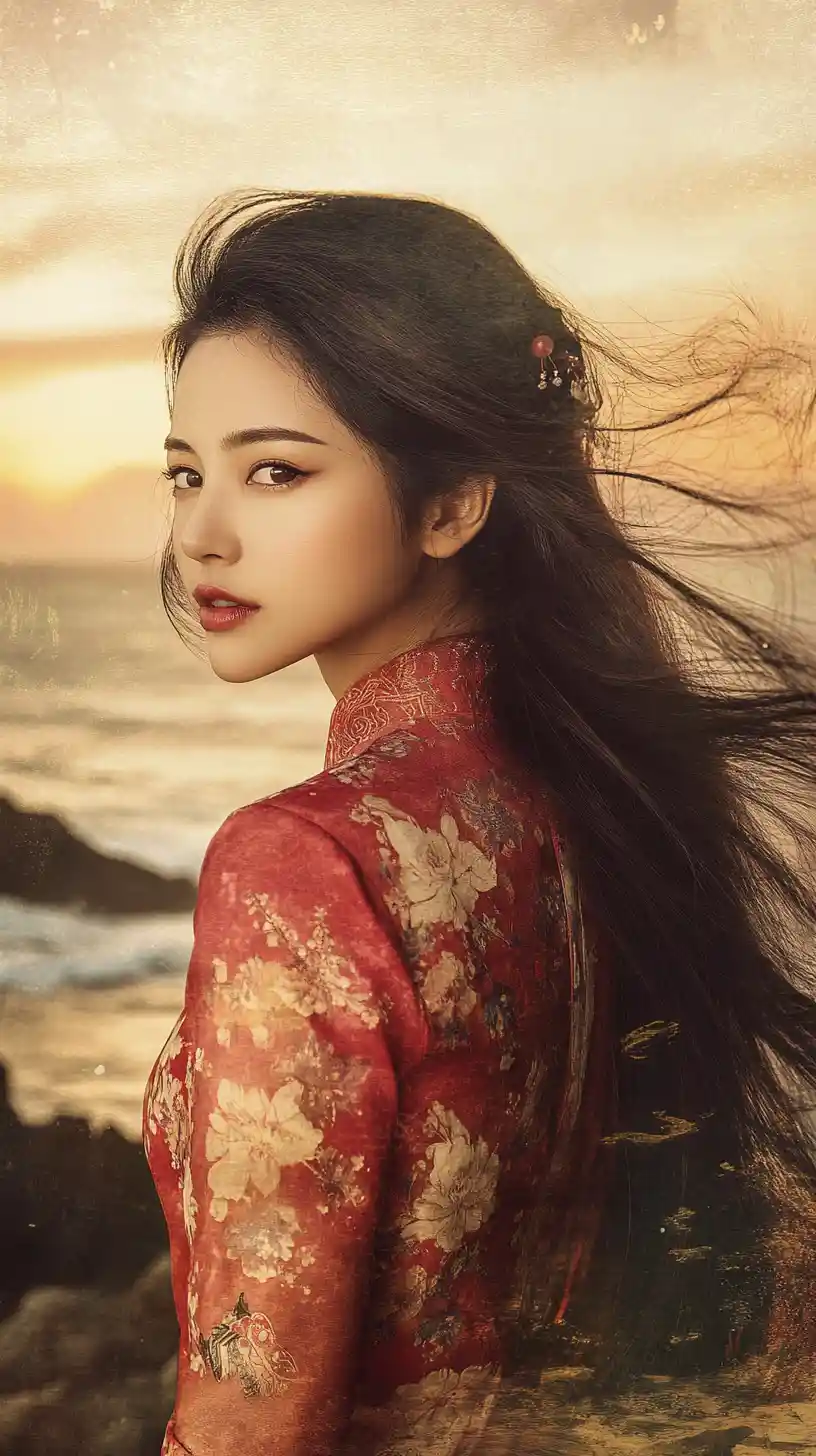 Elegant woman in red cheongsam at golden ocean sunset