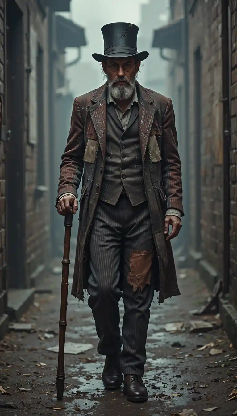 Weary man in tattered suit walking through foggy alleyway