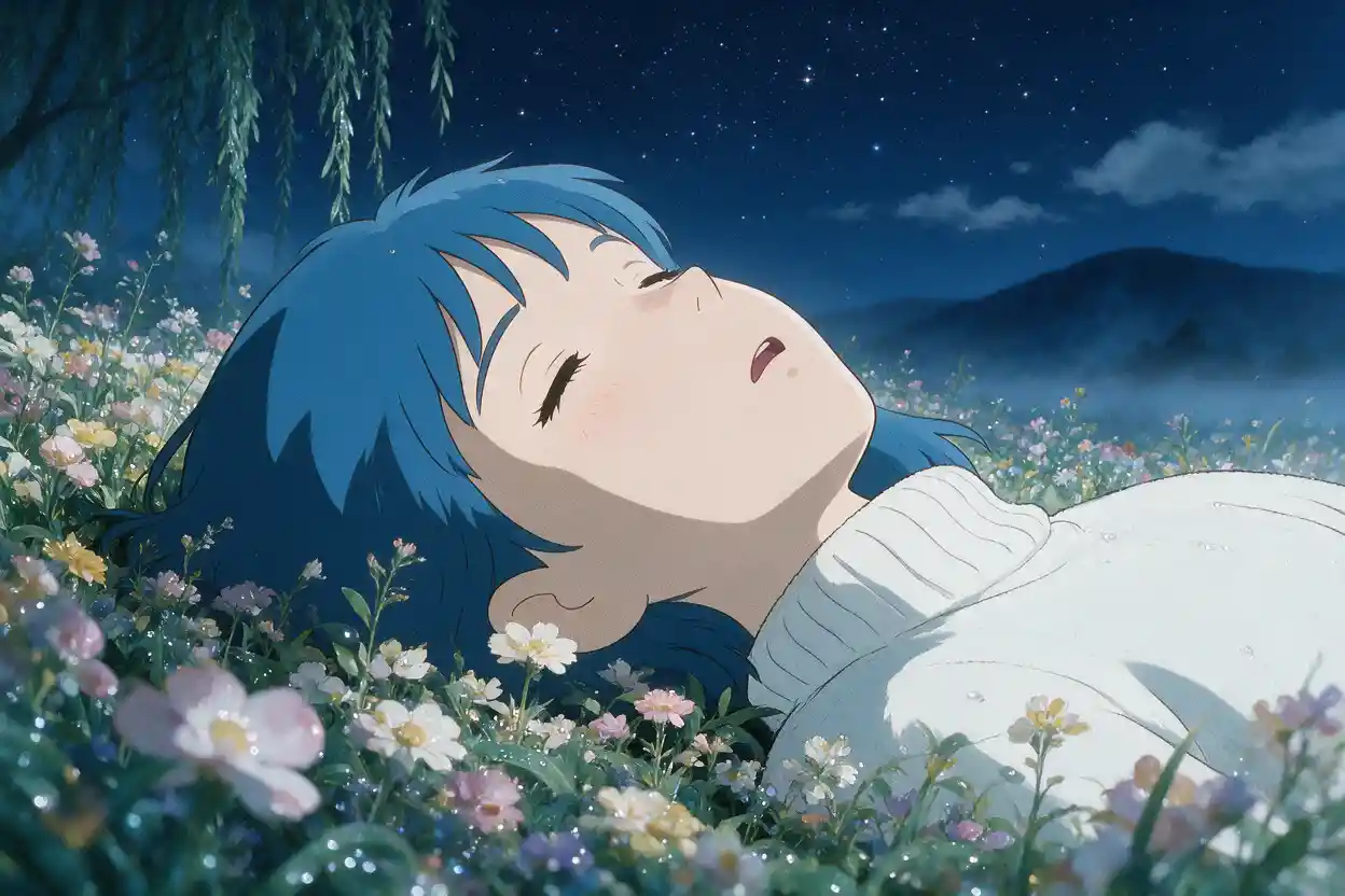 Blue haired anime girl sleeping in moonlit flower bed