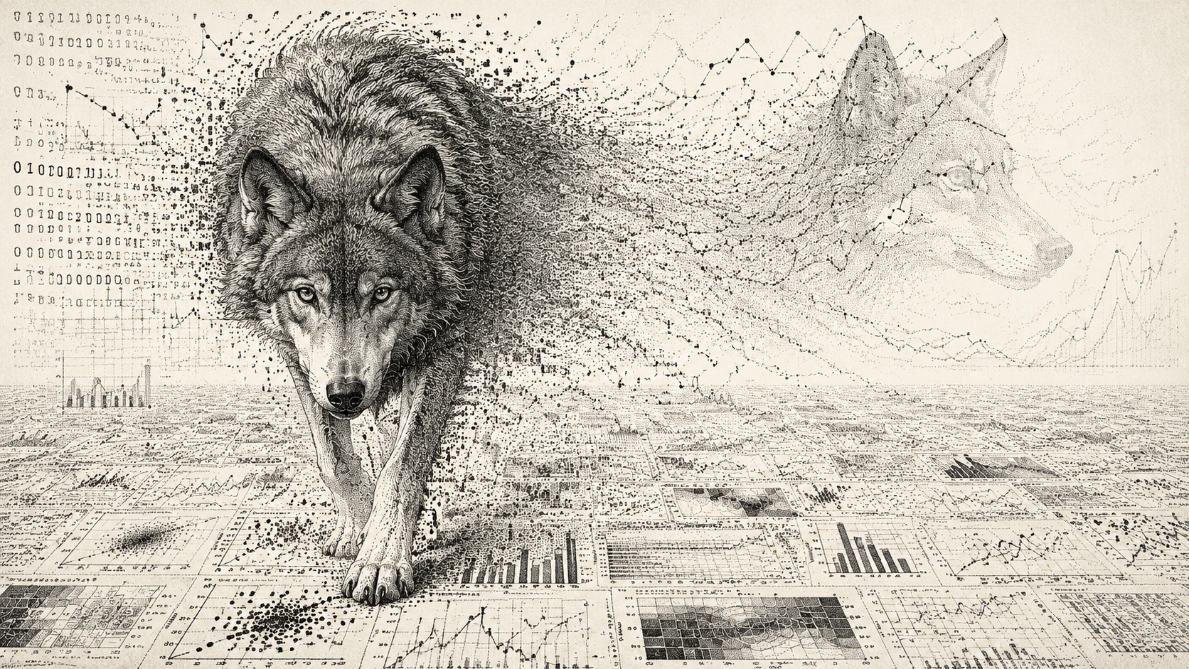Wolf emerging from a vast field of flowing data charts