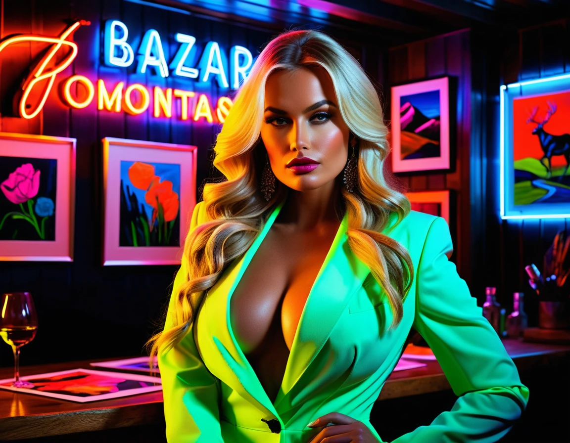 Blonde fashion model in couture against mountain landscape