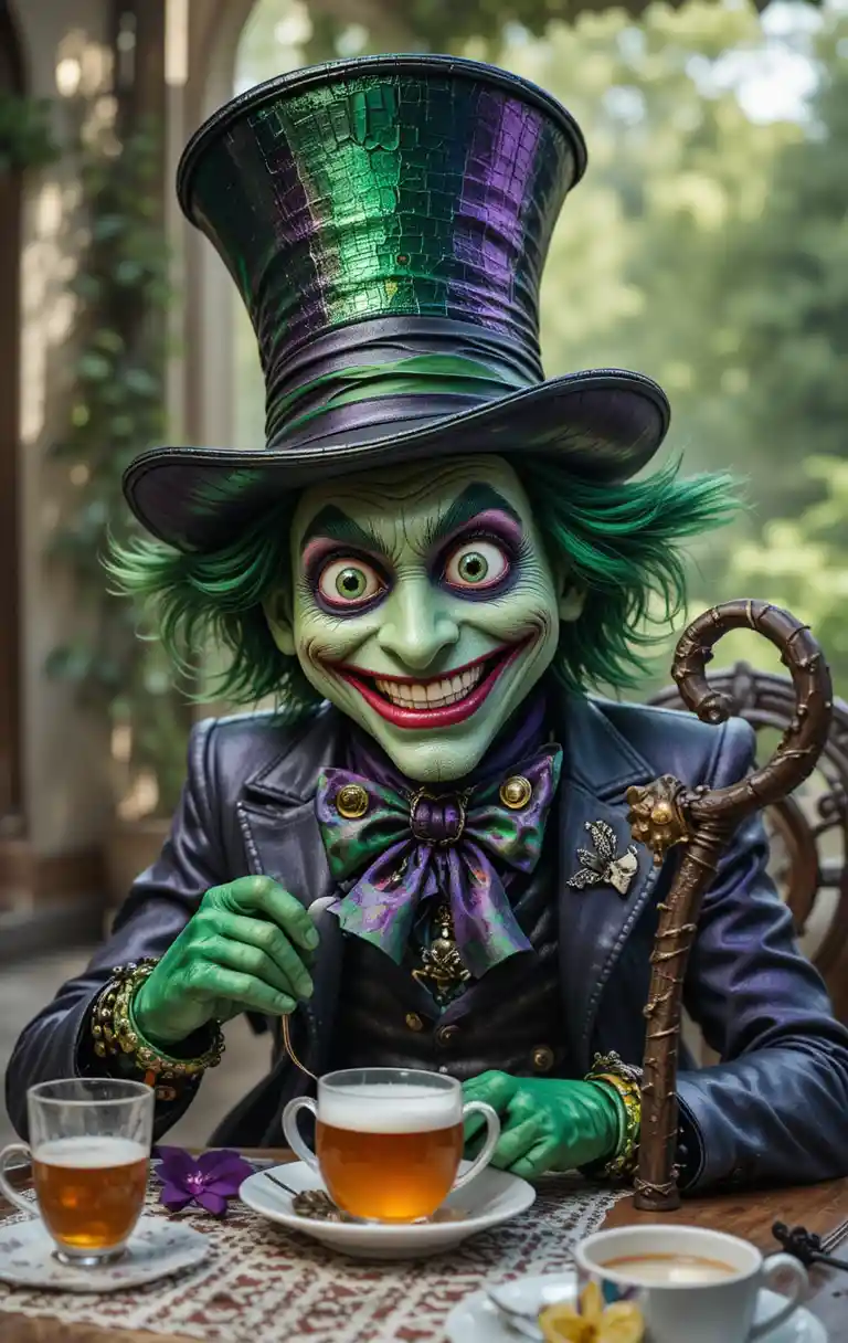 Whimsical mad hatter drinking tea at an outdoor table