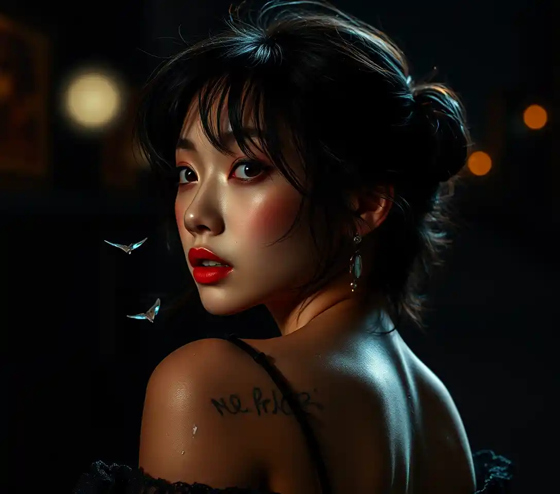 Pop surreal night scene with darkly comic sensual energy