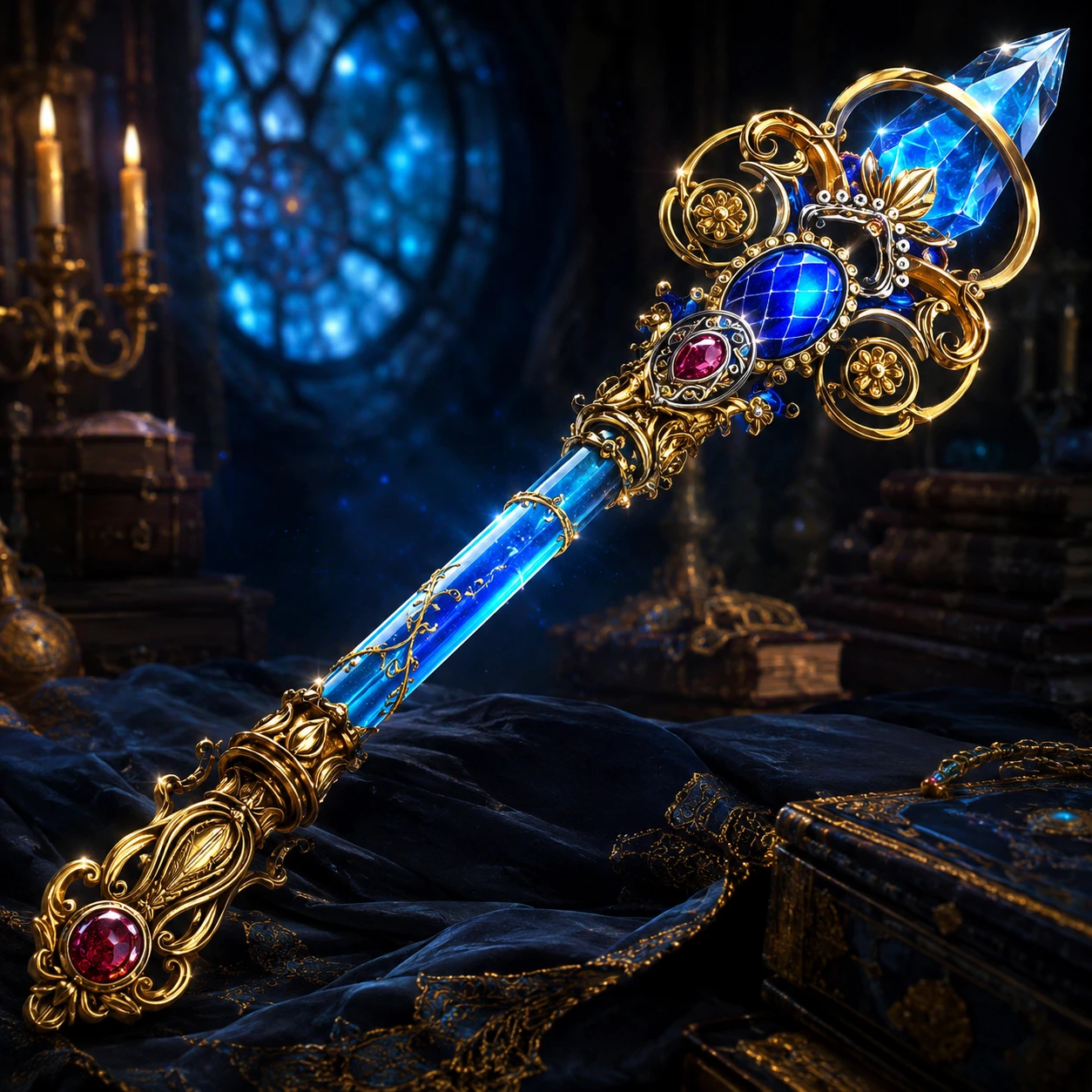 Ornate fantasy scepter with glowing blue handle and gems